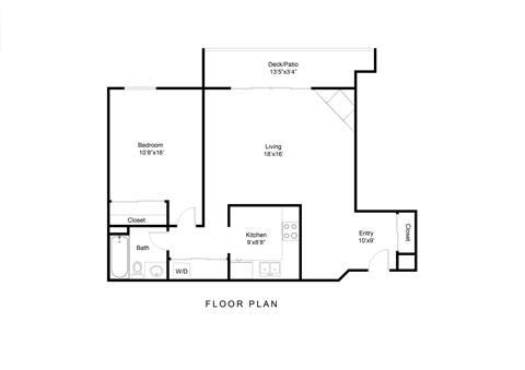 Floor plan for 1 bed, 1 bath, 858 sqft